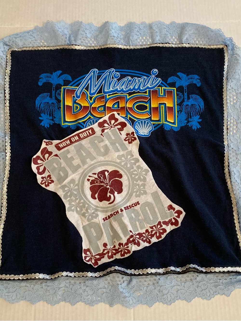 New Upcycled Vintage Miami Beach T Shirt Throw Pillow Cover Lace Edges
